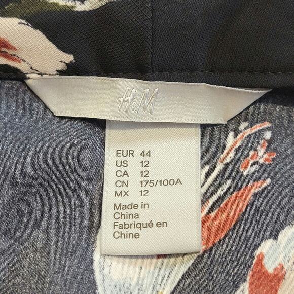 H&M Floral Bird Print V Neck Tie Neck Long Sleeve Black Shift Dress Size 12 - Picture 11 of 14